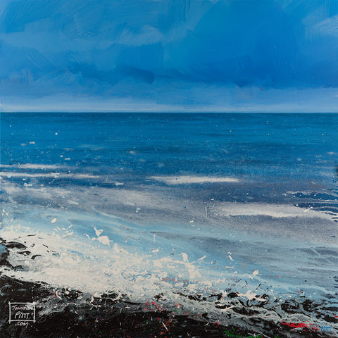 Out to Sea II is an Acrylic on Canvas impasto painting by Jonathan Pitts, contemporary seascape artist. It is a painting of the sea, a piece of contemporary Cornish art that would suit many spaces, it could be hung as art for the office wall or as art for the home. It depicts a North Cornwall beach at sunrise, North Cornwall has some of the best beaches in Cornwall. It is made up of a relaxing colour palette, with a blue ocean as the centre piece. Jonathan Pitts is a previous winner of 2nd prize at the Sunday Times Watercolour Competition.
