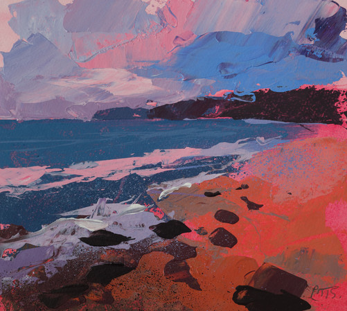 Crimson Tide I is an Acrylic on paper impasto painting by Jonathan Pitts, contemporary seascape artist. It is a painting of the sea, a piece of contemporary Cornish art that would suit many spaces, it could be hung as art for the office wall or as art for the home. It depicts a North Cornwall beach at sunrise, North Cornwall has some of the best beaches in Cornwall. It is made up of a relaxing colour palette, with a blue ocean as the centre piece. Jonathan Pitts is a previous winner of 2nd prize at the Sunday Times Watercolour Competition.