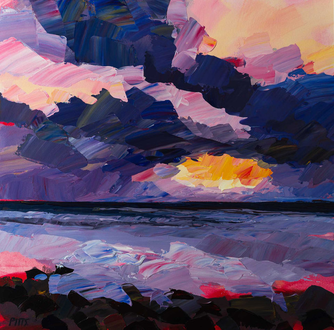 Sunset at Northcott Mouth is an Acrylic on Canvas painting by Jonathan Pitts, contemporary seascape artist. It is a painting of the sea, a piece of contemporary Cornish art that would suit many spaces, it could be hung as art for the office wall or as art for the home. It depicts a North Cornwall beach at sunrise, North Cornwall has some of the best beaches in Cornwall. It is made up of a relaxing colour palette, with a blue ocean as the centre piece. Own a piece of ocean art by Jonathan Pitts. Jonathan Pitts is a previous winner of 2nd prize at the Sunday Times Watercolour Competition.