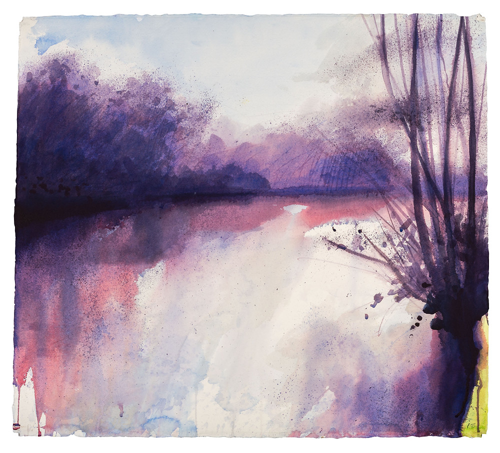 Dark Shadows as the Sun Swings Around, River Thames near Marlow. Watercolour painting by Jonathan Pitts