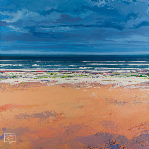 Gentle Waves Wash III is an Acrylic on Canvas impasto painting by Jonathan Pitts, contemporary seascape artist. It is a painting of the sea, a piece of contemporary Cornish art that would suit many spaces, it could be hung as art for the office wall or as art for the home. It depicts a North Cornwall beach at sunrise, North Cornwall has some of the best beaches in Cornwall. It is made up of a relaxing colour palette, with a blue ocean as the centre piece. Jonathan Pitts is a previous winner of 2nd prize at the Sunday Times Watercolour Competition.