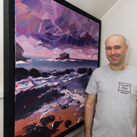 Granite Resolve available at Cotswold Contemporary. Granite Resolve is an Acrylic on Canvas impasto painting by Jonathan Pitts, contemporary seascape artist. It is a painting of the sea, a piece of contemporary Cornish art that would suit many spaces, it could be hung as art for the office wall or as art for the home. It depicts a North Cornwall beach at sunrise, North Cornwall has some of the best beaches in Cornwall. It is made up of a relaxing colour palette, with a blue ocean as the centre piece. Jonathan Pitts is a previous winner of 2nd prize at the Sunday Times Watercolour Competition.