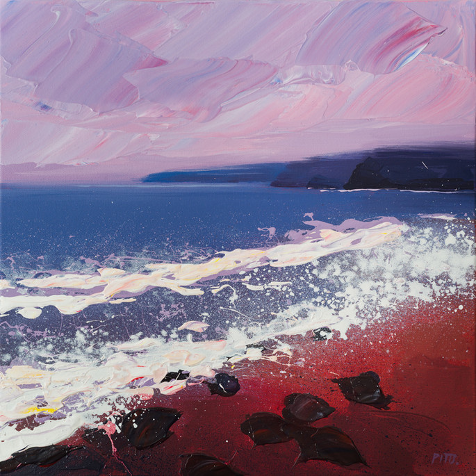 Distant Headlands I is an Acrylic on Canvas painting by Jonathan Pitts, contemporary seascape artist. It is a painting of the sea, a piece of contemporary Cornish art that would suit many spaces, it could be hung as art for the office wall or as art for the home. It depicts a North Cornwall beach at sunrise, North Cornwall has some of the best beaches in Cornwall. It is made up of a relaxing colour palette, with a blue ocean as the centre piece. Own a piece of ocean art by Jonathan Pitts. Jonathan Pitts is a previous winner of 2nd prize at the Sunday Times Watercolour Competition.