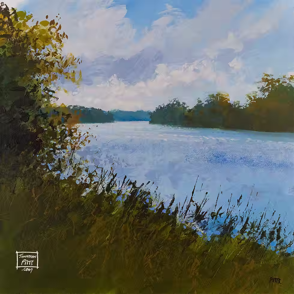 a calm river bordered by dense green foliage, impressionist oainting by Jonathan Pitts Artist