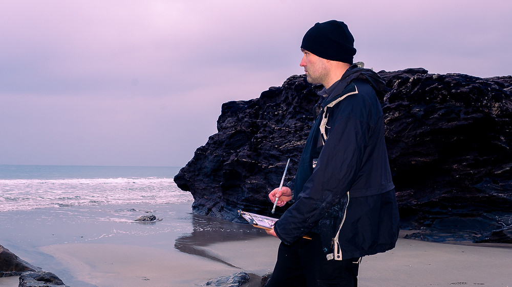 Jonathan Pitts plein Air painting on Portreath Beach in Cornwall