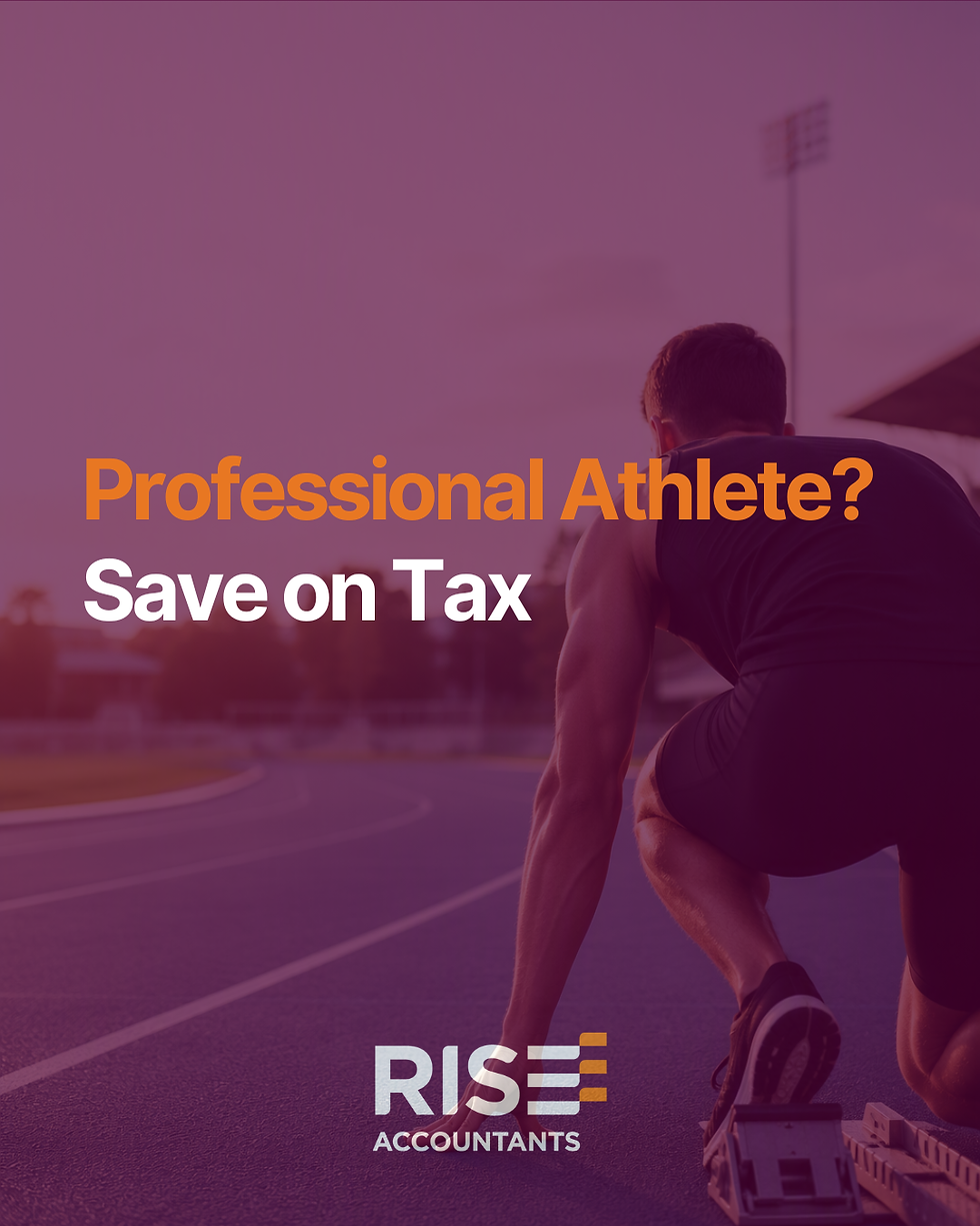 Sprinter crouches at track start blocks under purple tint; ad text reads Professional Athlete? Save on Tax, RISE Accountants.