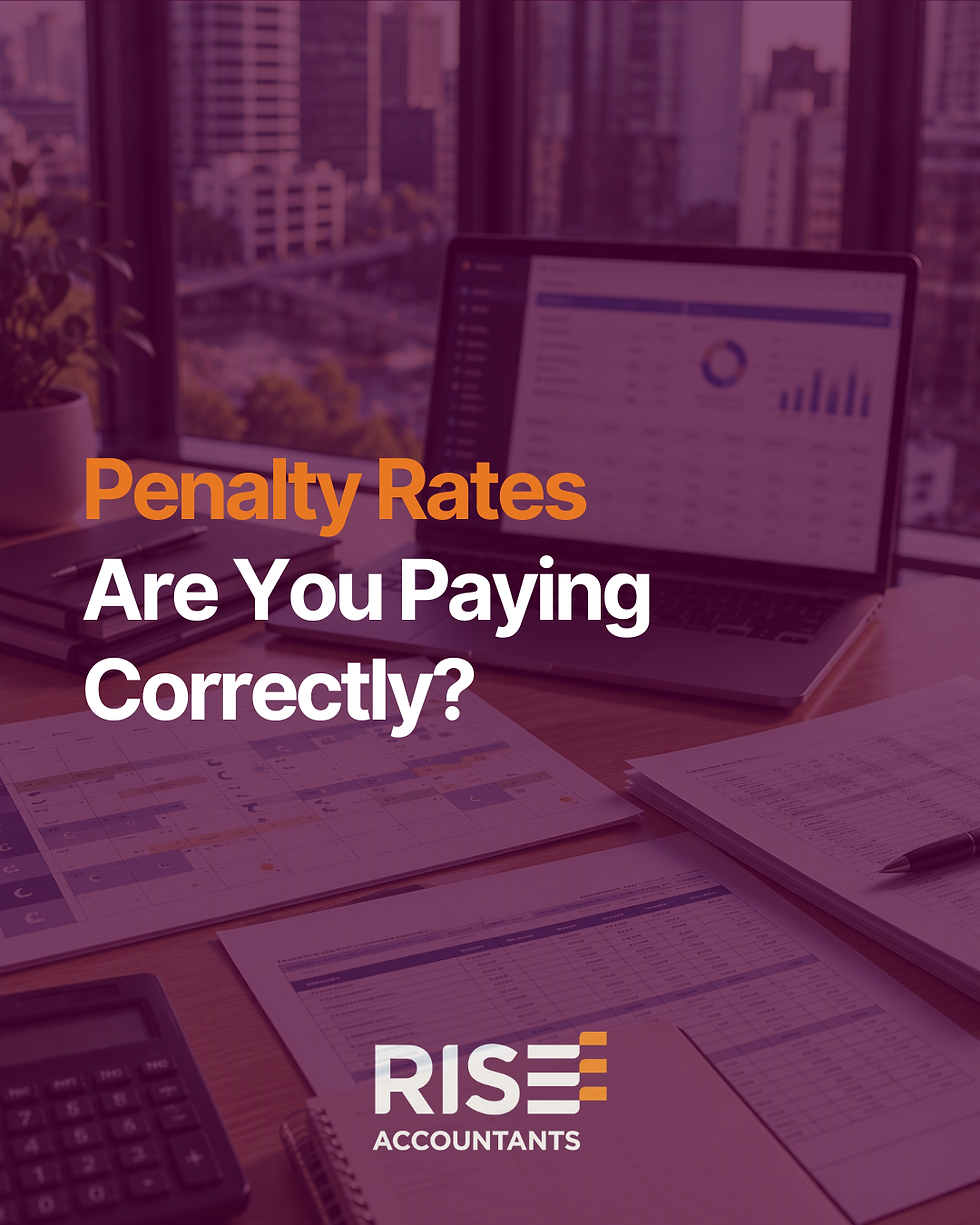 Accountant desk with laptop, charts and papers; text says Penalty Rates Are You Paying Correctly?