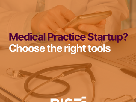 Doctor in white coat uses smartphone by stethoscope; ad text says Medical Practice Startup? Choose the right tools. RISE Accountants