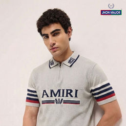 JHON MAJOR Textured Grey Knit Zip-Up Polo Collar T-Shirt