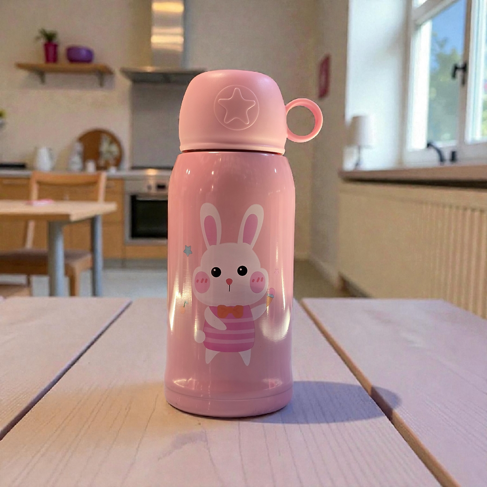 Thumbnail: Water Bottle for Kids, Bunny Design Stainless Steel Flask, Straw, Cup,500ml
