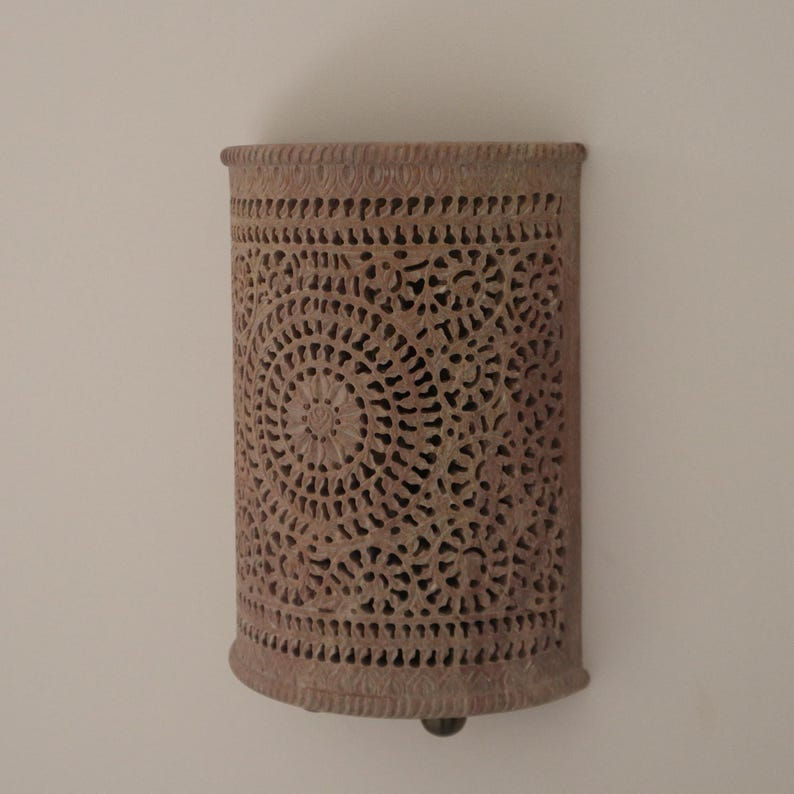 Thumbnail: Hand-Carved Alabaster Stone Wall Light Modern Brass & Stone Sconce & Living Room