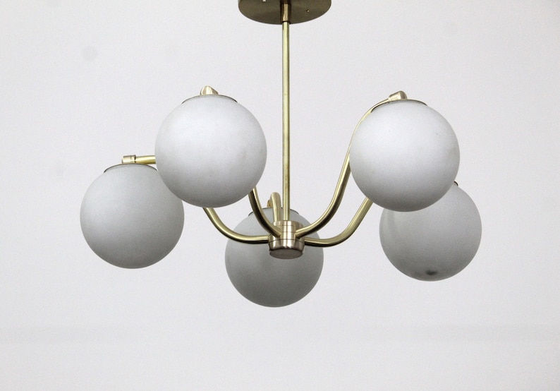 Thumbnail: Modern Brass Globe Chandelier, 5 Light Milk Glass Pendant Lighting