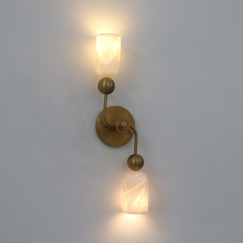 Thumbnail: Handmade Alabaster Brass Wall Sconce: Double Light Fixture