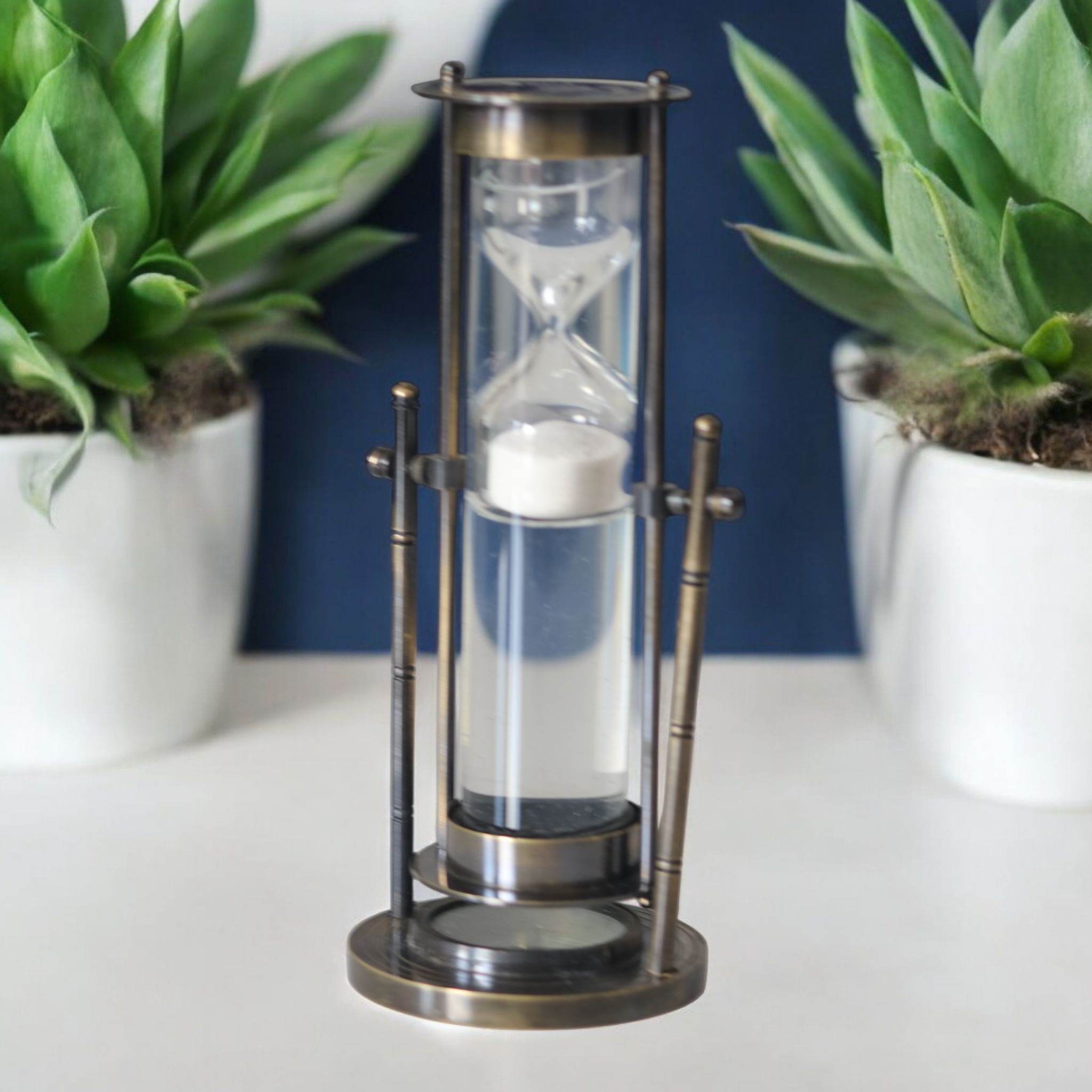 Antique Nautical Brass 9" White Liquid Sand Timer Ship Maritime Hourglass Base