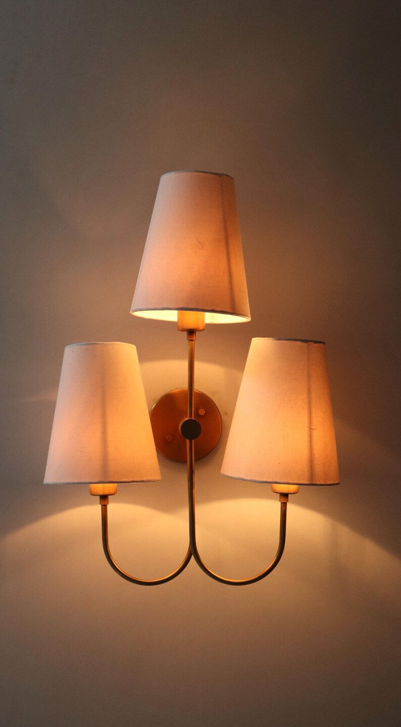 Thumbnail: Elegant Raw Brass 3 Arm Shade Wall Lamp Mid-Century Modern Sconce