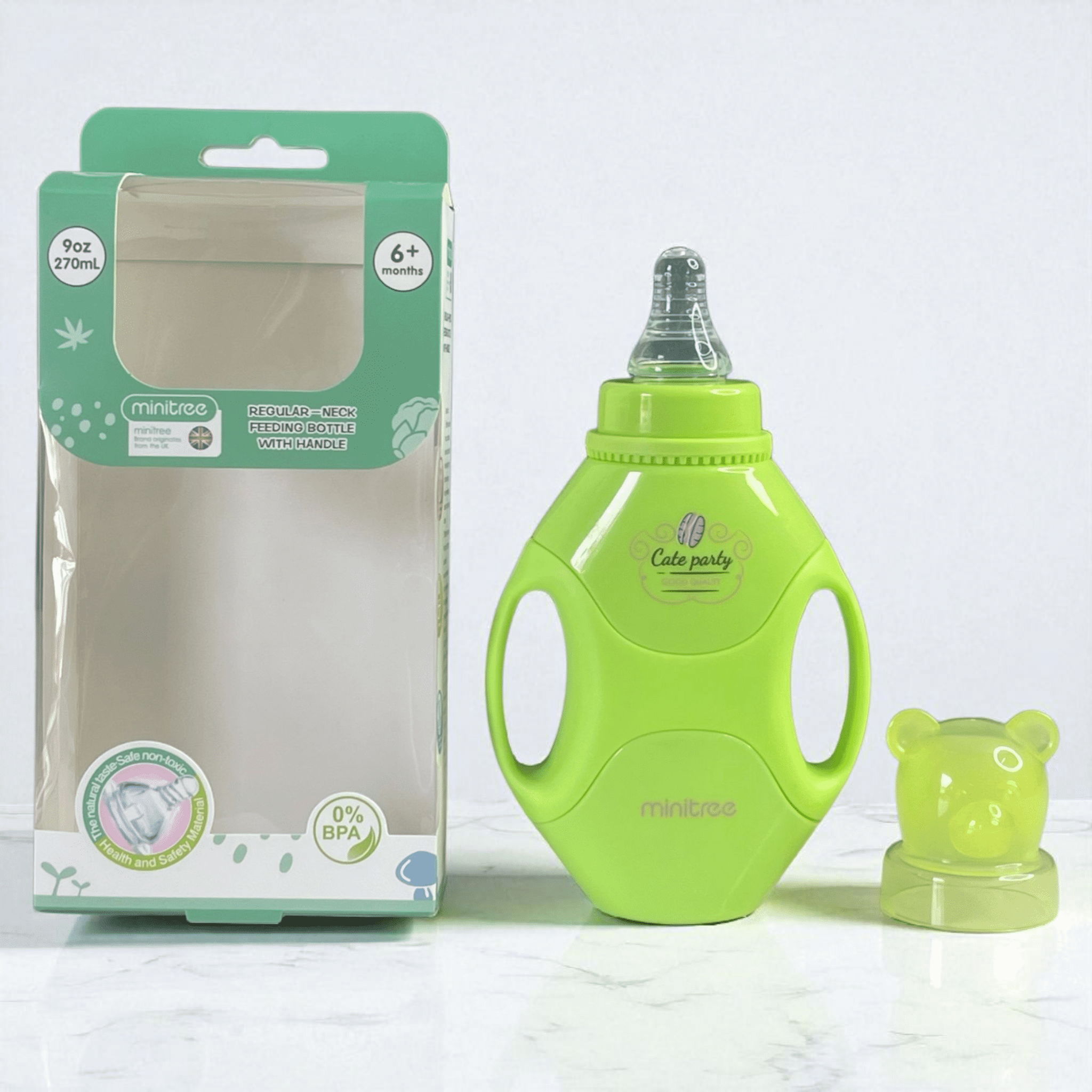 MINI TREE Regular NECK WHITE Handle FEEDING BOTTLE , 270ml (Green) Pack of 2