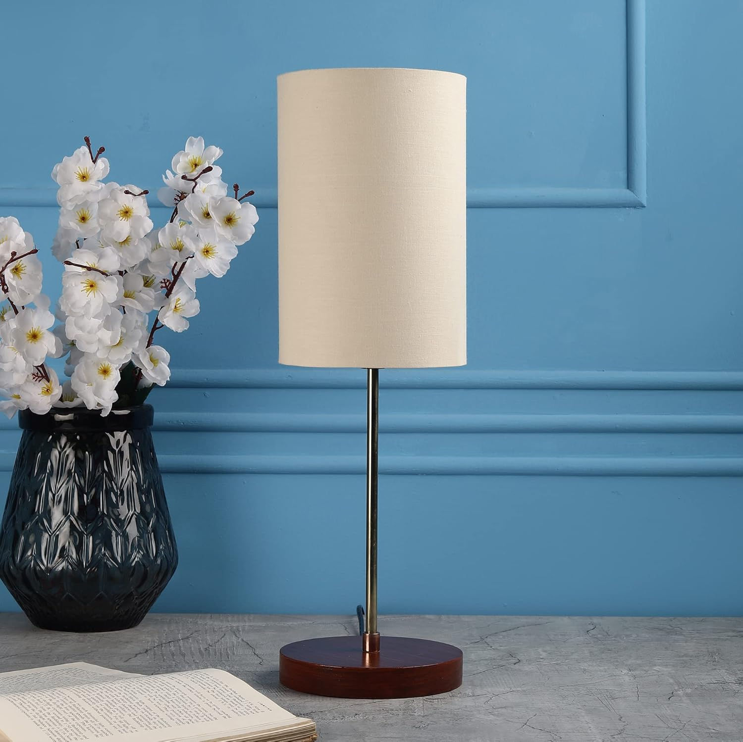US Table Lamp Along Handmade Cylinder Cream Lamp Shade Living Room