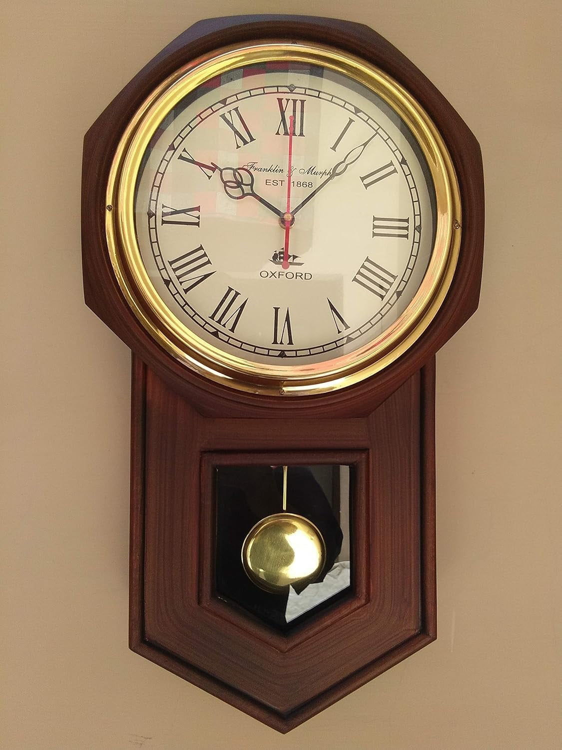 Vintage Franklin Wall Clock, Pendulum - Classic Oxford Design, Roman Numerals,