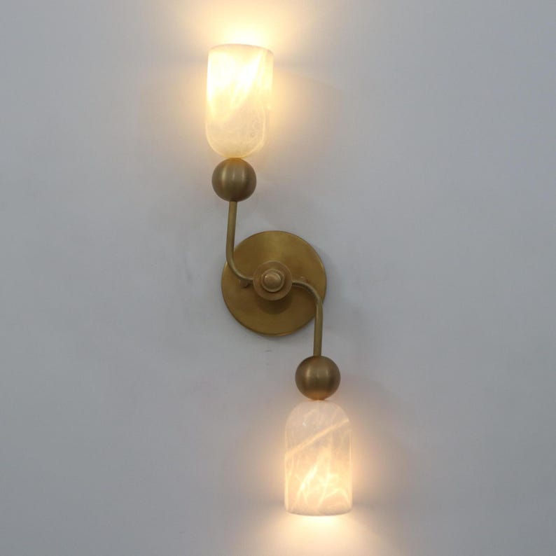 Thumbnail: Handmade Alabaster Brass Wall Sconce: Double Light Fixture