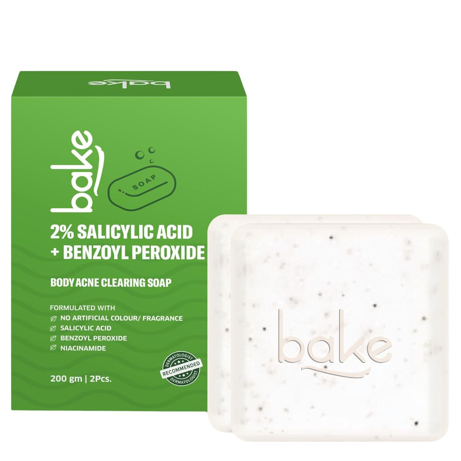Bake 2% Salicylic Acid + Benzoyl Peroxide Body Acne Clearing Soap, (Pack Of 2)