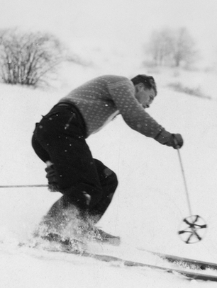 Skier in a patterned sweater descends a snowy slope using poles. Snow sprays around, with trees blurred in the background.