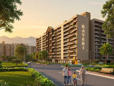 Family walking through a premium smart township in Dehradun surrounded by greenery and modern apartments.