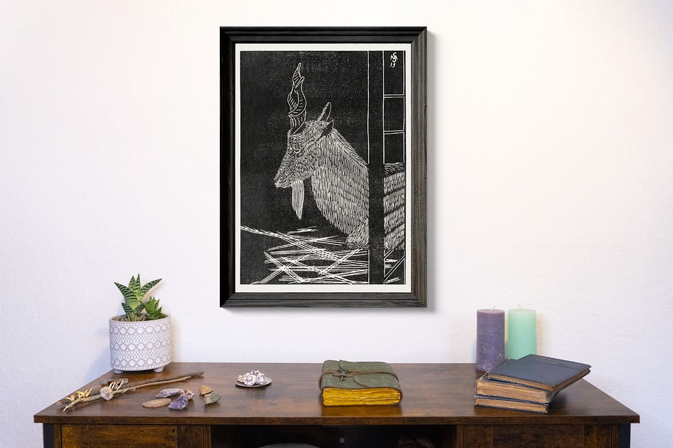 Thumbnail: Vintage Lino Style Devilish Goats by Samuel Jessurun High Quality Wall Art Print