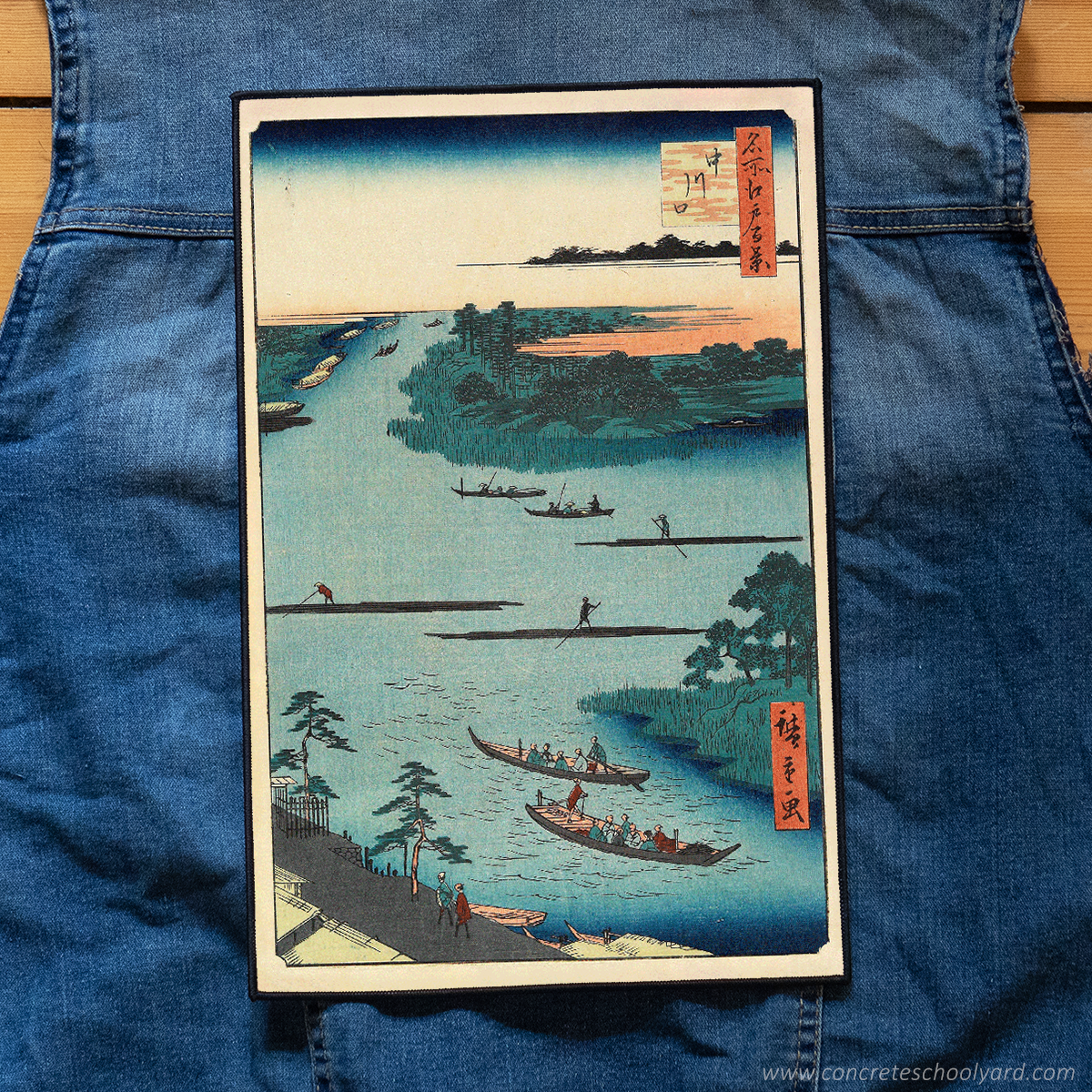 River Boat Japanese Landscape Scene Vintage Artwork Iron On Jacket Back Patch