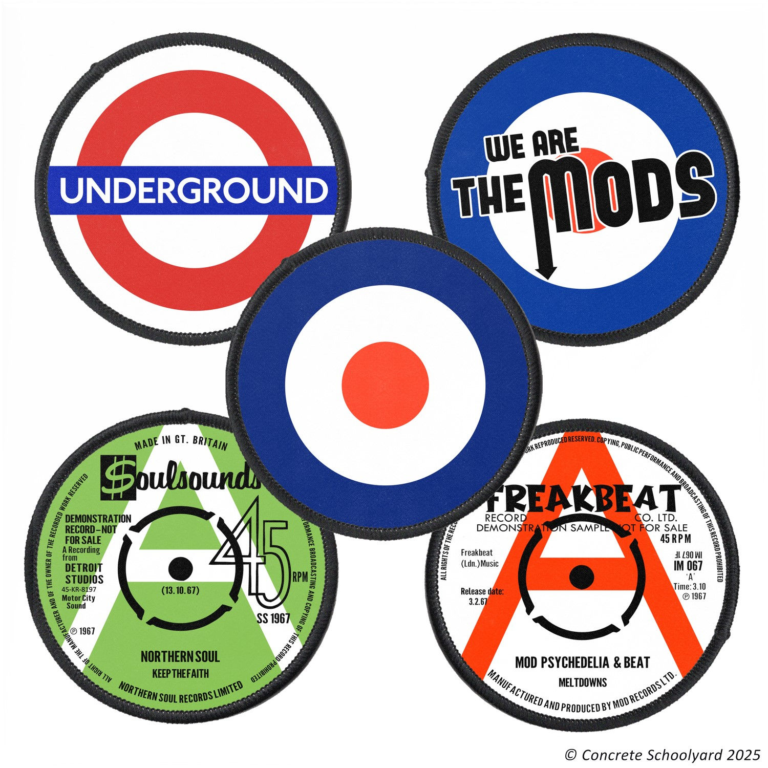 5x Patch Pack: 1960's Mod and Northern Soul, Mod Target, Underground, Demo Label