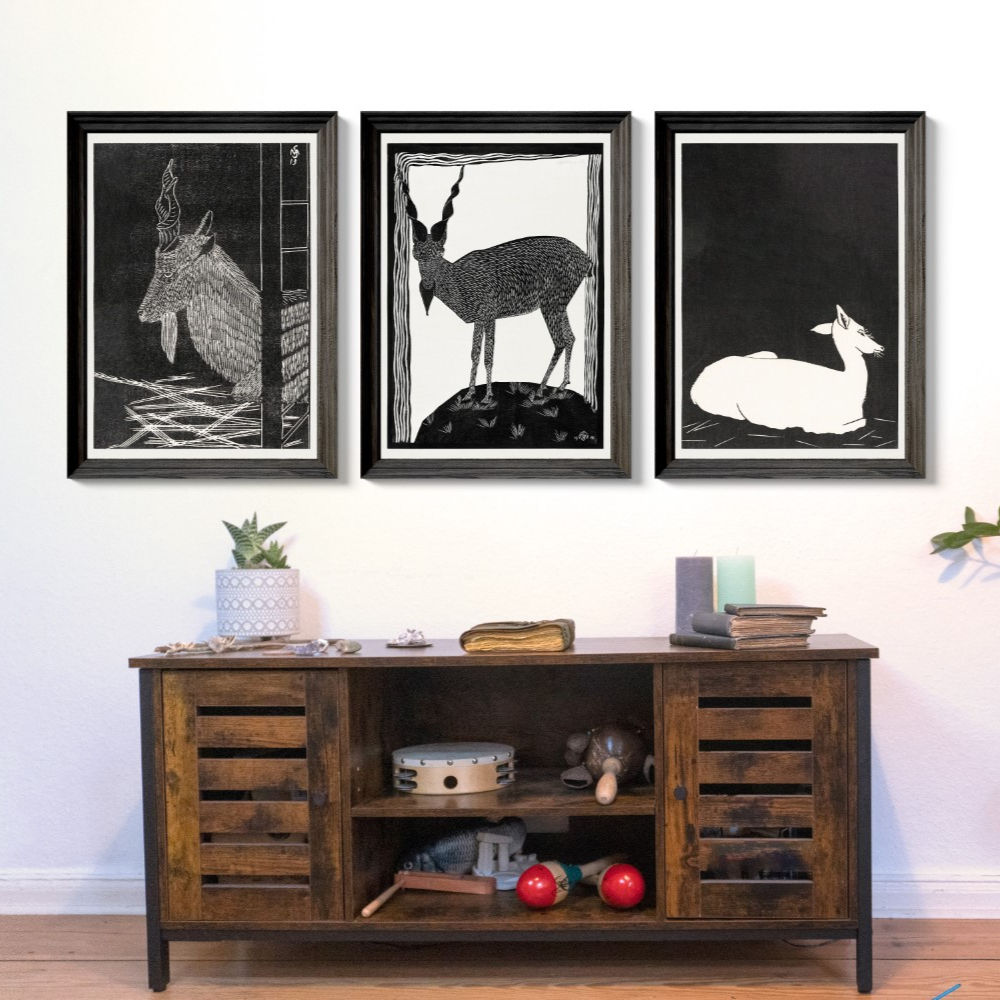 Vintage Lino Style Devilish Goats by Samuel Jessurun High Quality Wall Art Print