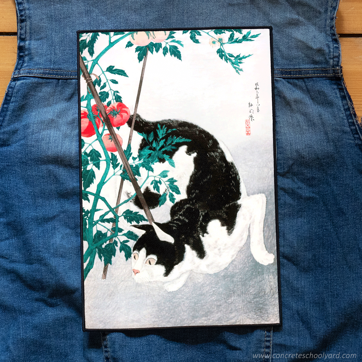 Cute Vintage Japanese Black Cat and Tomato Plant Iron On Jacket Back Patch