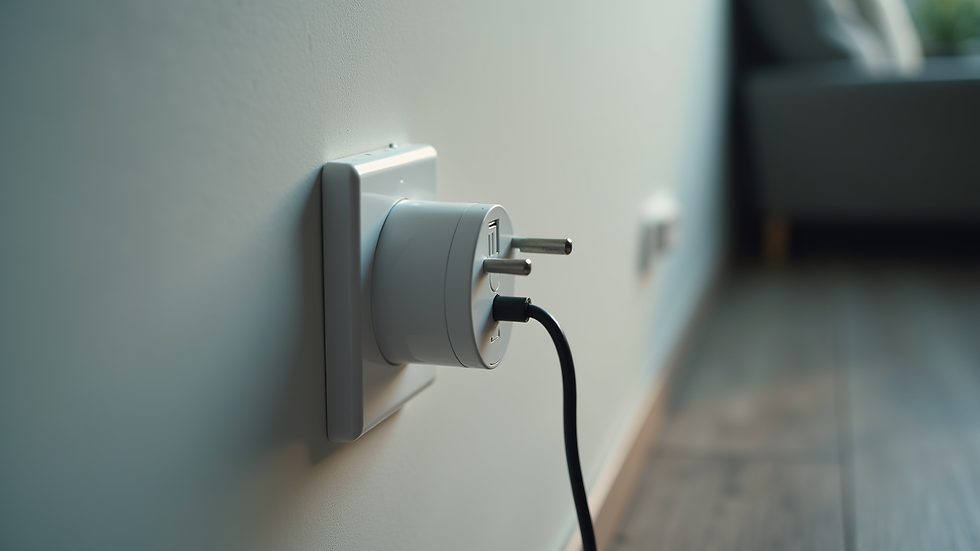 Eye-level view of a smart plug connected to a power outlet