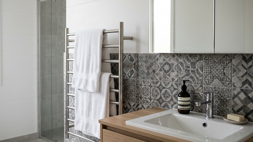 Close-up view of a modern bathroom with heated towel rail and patterned tile splashback