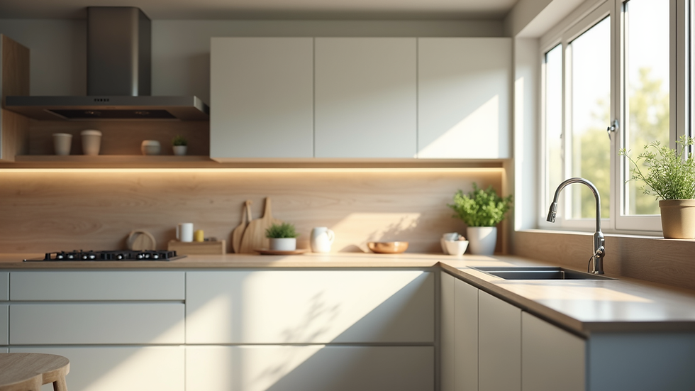 Eye-level view of a modern kitchen with natural light and sleek cabinetry