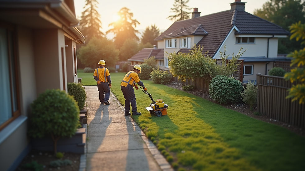 High angle view of a property maintenance service team at work
