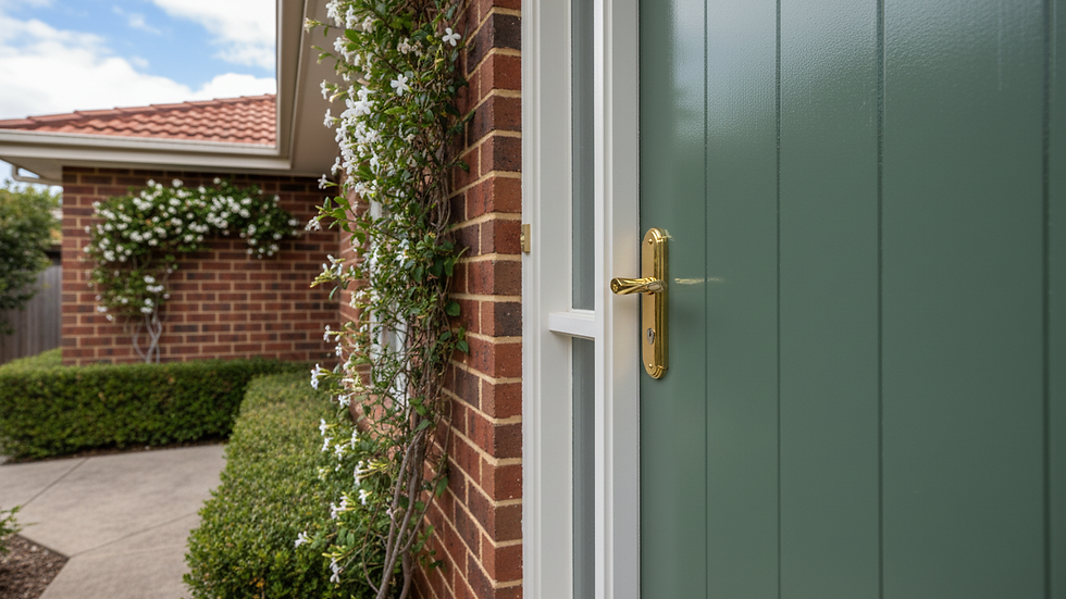 Close-up view of a freshly painted wooden door with a brass handle