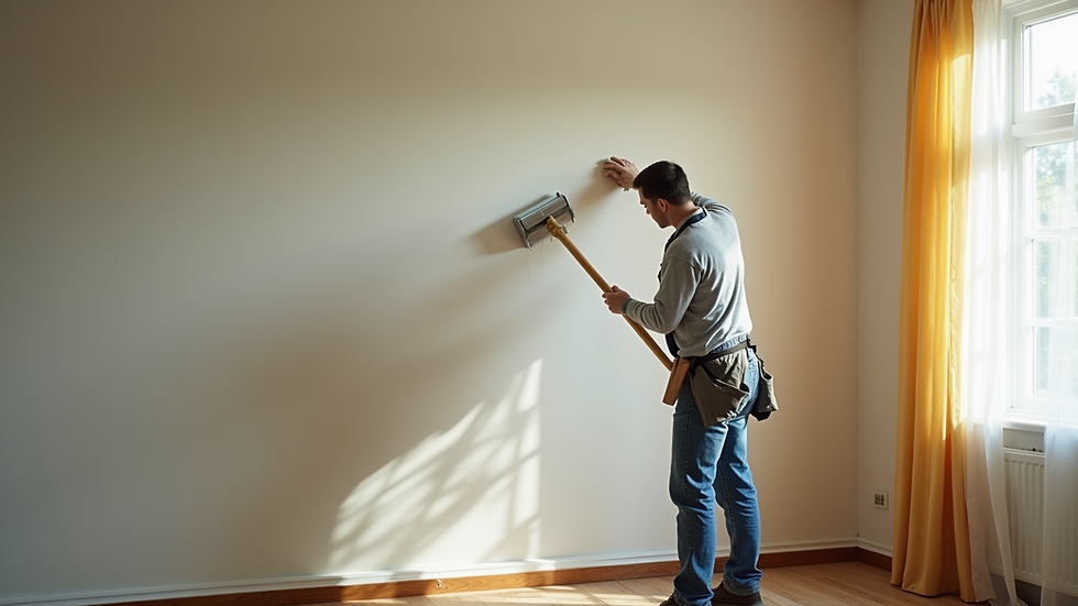 High angle view of a handyman painting a wall inside a living room
