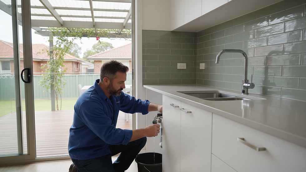 Eye-level view of a handyman fixing a leaking tap in a modern kitchen