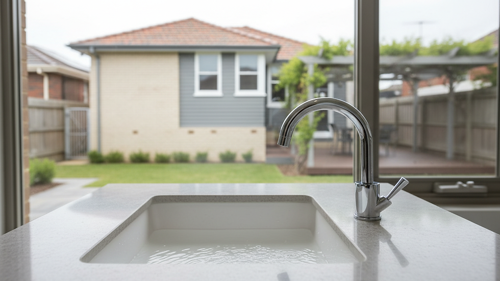 Close-up of modern chrome bathroom tap and ceramic basin
