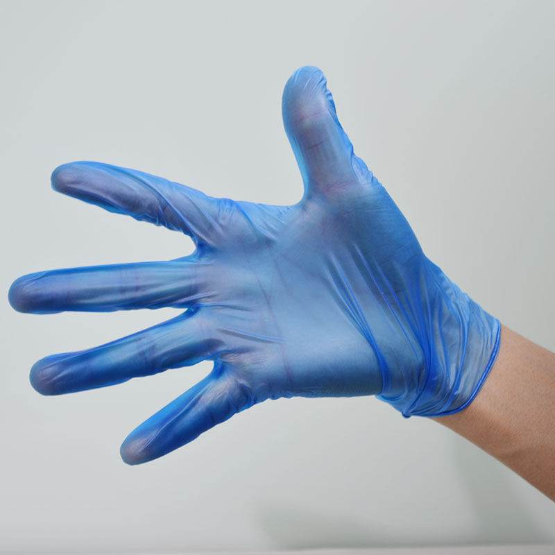 transparent blue pre-powdered vinyl synthetic disposable gloves