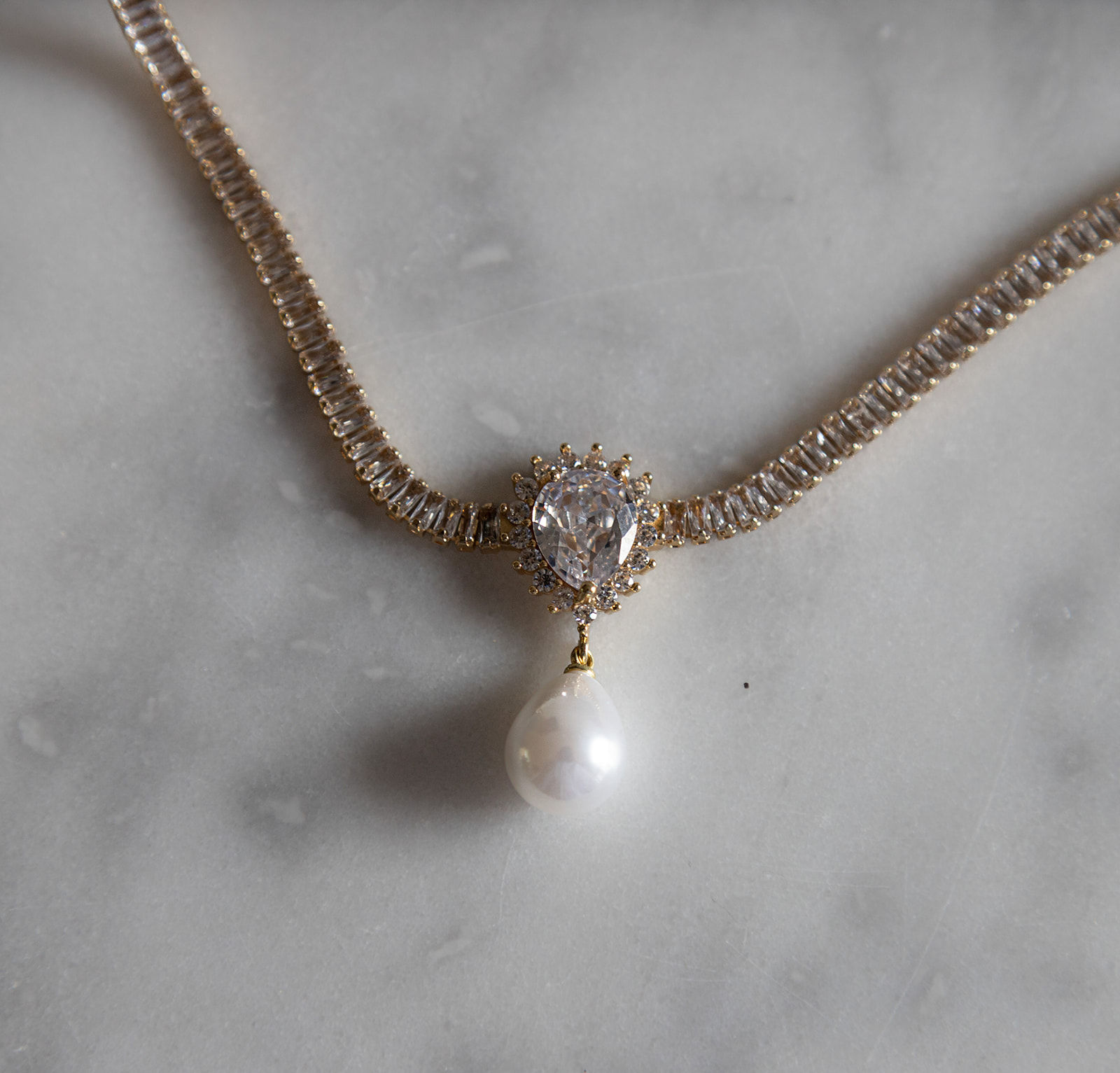 18K Gold Plated Crystal Necklace with White Pearl Pendant