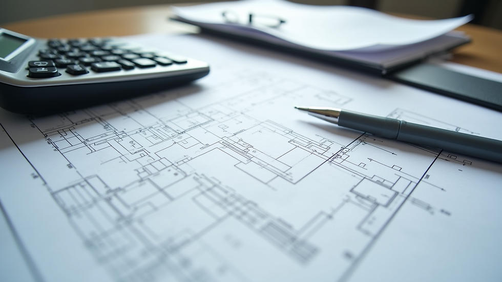 High angle view of construction blueprint with calculator and pen