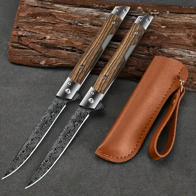 Damascus Print Non-Locking Knife Wood Handle