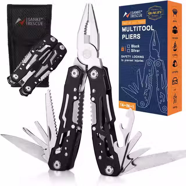 Sanke Rescue 14 in 1 Multitool Black and Stainless