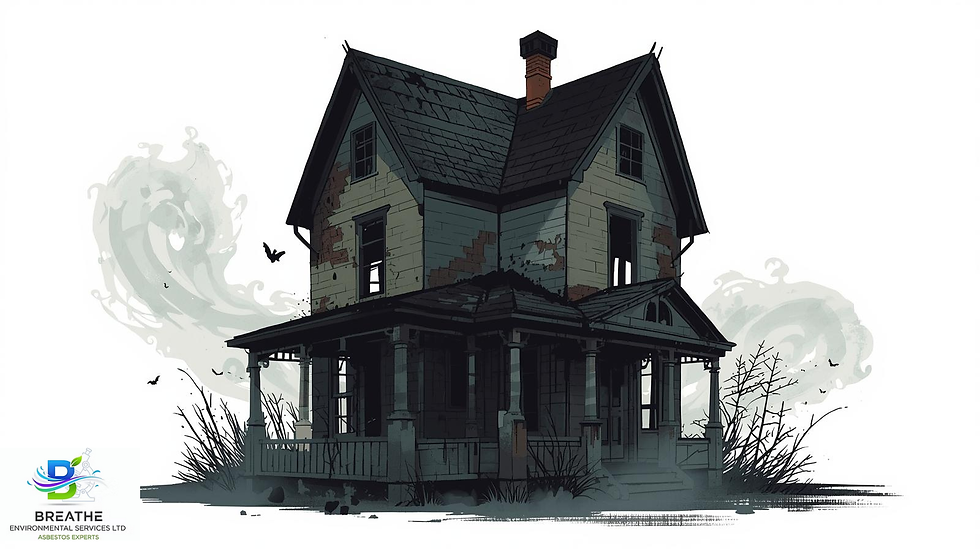 Haunted-looking old house representing common asbestos myths in UK properties, Breathe Environmental Services logo in corner.