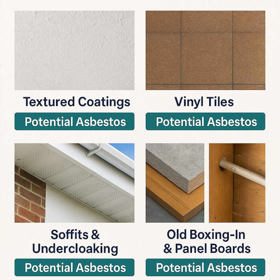 "Infographic showing common asbestos-containing materials: textured coatings, vinyl tiles, soffits and undercloaking, cement boards, and old boxing-in or panel boards, labeled as Potential Asbestos."