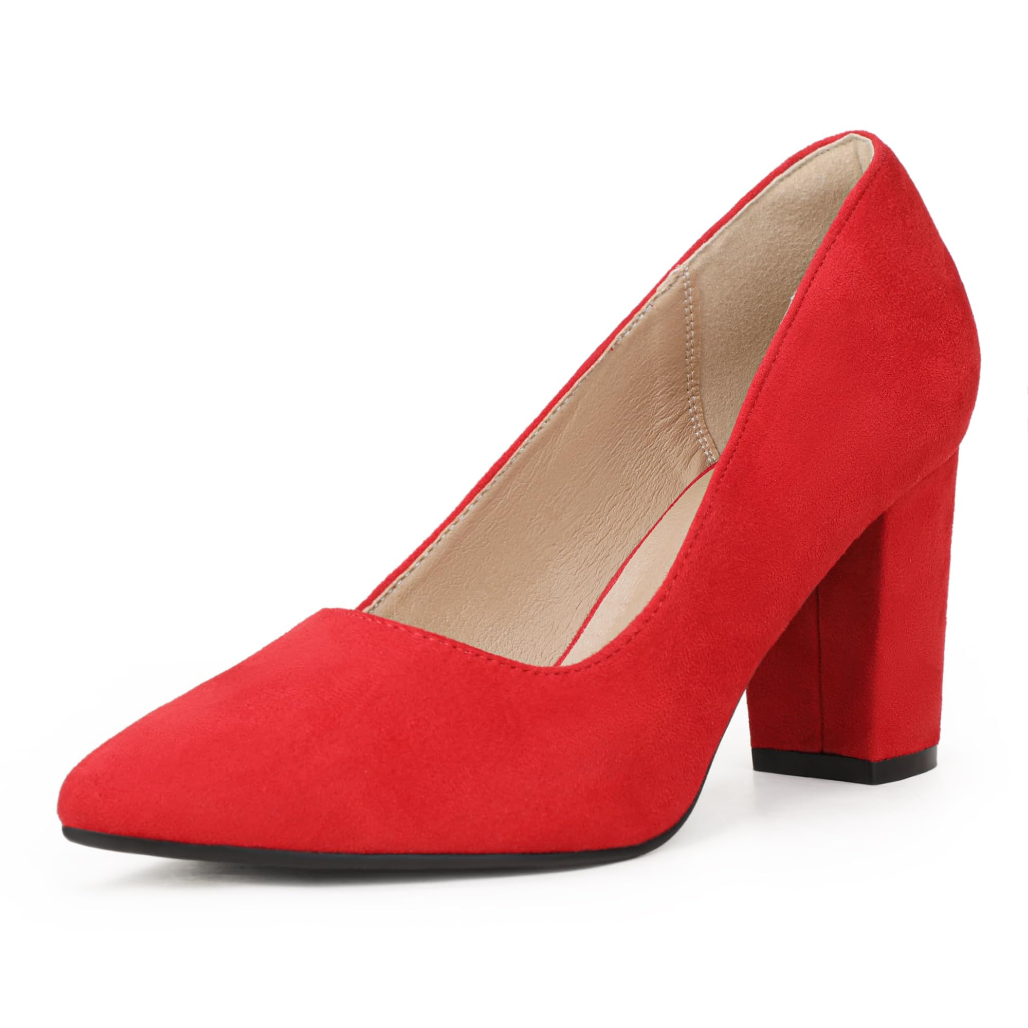 IDIFU Red Pumps for Women Closed Toe Heels High Block Chunky Heels Work Office H