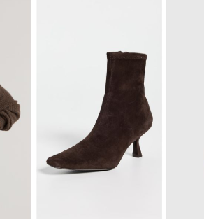 Woman wearing a brown cardigan and jeans, flanked by a dark brown boot and brown purse on a light gray background. Neutral tones and calm mood.