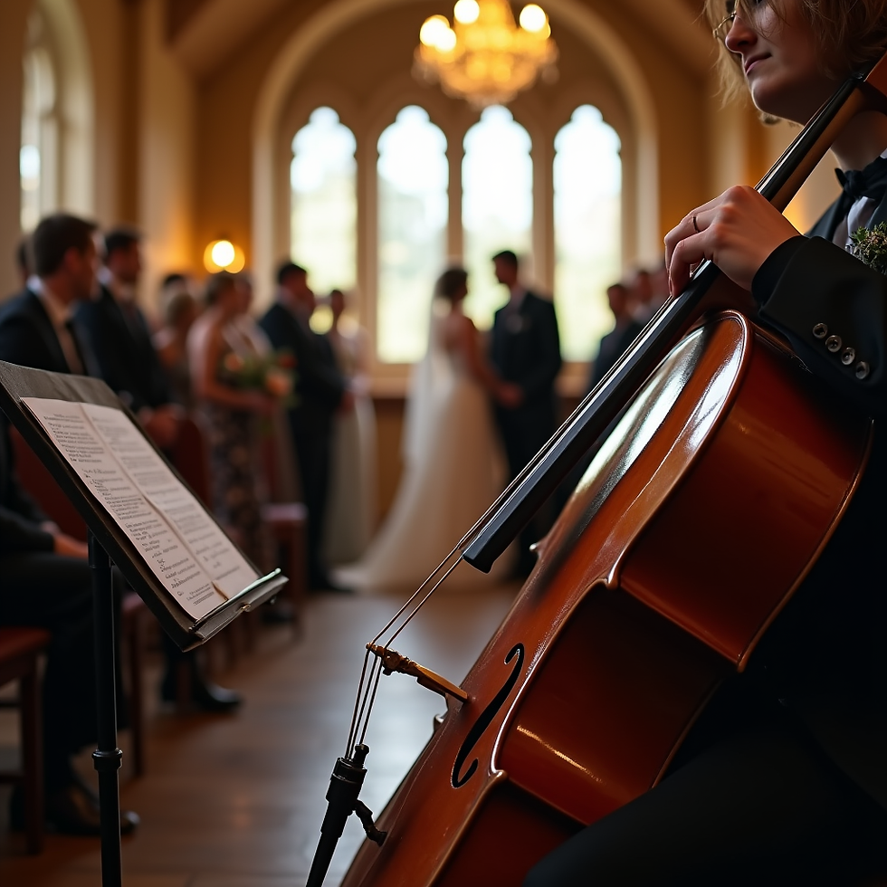 Cellist plays at a wedding ceremony in a church, with bride and groom blurred in the background and sheet music nearby.