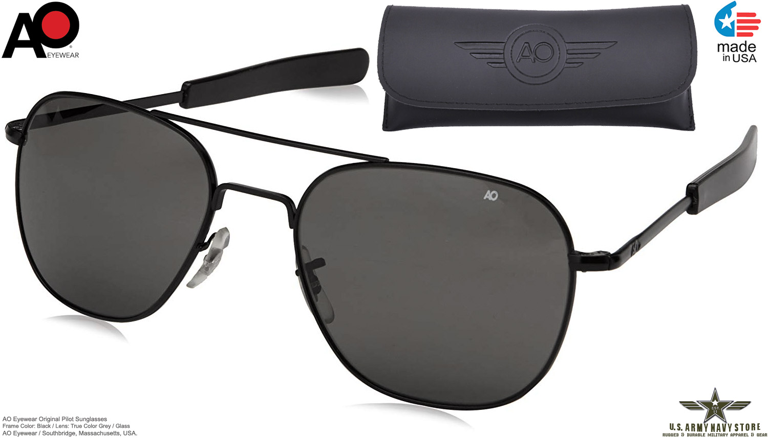 AO Eyewear Original Pilot Sunglasses (Grey Glass, NonPolarized, Black